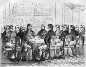 Ein Konzil der Abgeordneten des Bürgertums im Palais Royal in Paris unter Charles X und der Restauration. Gravur in „Histoire des Papes-Rois-Queen und Empereurs à travers les siècles“ von Maurice Lachatre von French School