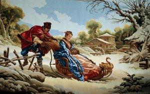 Ein Paar auf einem Schlitten in Russland Tapisserie der Manufakturen von Aubusson. 18. Jahrhundert. Aubusson, Tapisseriemuseum