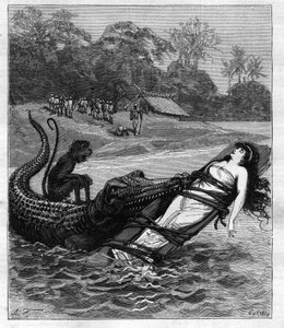 Ein Krokodil schnappt sich ein Holzbrett, an dem eine Frau befestigt ist. Illustration aus „Reise um die Welt des Seemanns Biribi“ von Theodore Labourieu und Saint Vrin (Saint-Vrin). Gravur von 1880 in „La république illustrée“, private Sammlung.