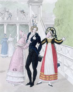 Ein Dandy wird von zwei maskierten Frauen umworben, aus der Serie Le Bon Genre
