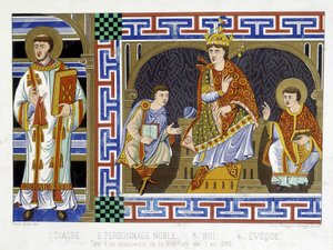 Ein Diakon, eine edle Figur, ein König und ein Bischof, die die Menschen des zehnten Jahrhunderts darstellen; Illustration des neunzehnten Jahrhunderts aus 