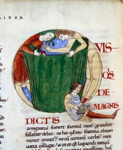 Ein Tuchhändler dekoriert das „Q“ Miniatur aus „Moralia in Job“ von Gregor I., genannt der Große oder Dialog (532-604) von French School