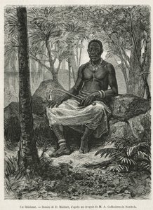 Ein Fetischist, Zauberer, der die magische Kraft von Fetischen nutzen kann, Zeichnung von D. Maillart, zur Illustration der Geschichte einer Reise nach Gabun und zum Ogoué-Fluss, 1875-1877, von Alfred Marche. Gravur in Le tour du monde