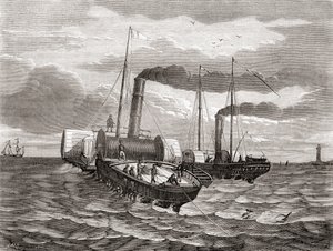 Ein erster Versuch im Jahr 1850 von John Watkins Bretts Anglo-French Telegraph Company, die erste Leitung unter dem Ärmelkanal von Dover nach Calais zu verlegen, mit den umgebauten Schleppern Goliath und Widgeon, aus 