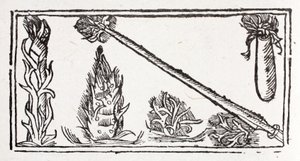 Eine flammende Lanze, eine aufsteigende Flamme und feurige Funken