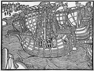Eine Flotte im 15. Jahrhundert, nach einer Gravur von „Vergier D’honneur“. Gravur in „La Marine et les colonies: commerce“ von French School