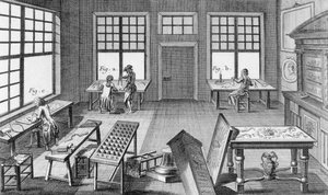 Eine Werkstatt für Möbelintarsien, aus der Encyclopedie des Sciences et Metiers von Denis Diderot (1713-84) veröffentlicht ca. 1770 von French School