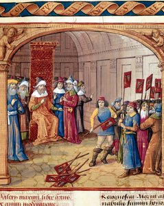 Ein König erhält Banner und Miniaturäxte aus „Dicta et facta memorabilia“ von Valerius Maximus (1410)