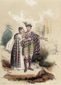 Ein Mann im Kilt und sein Begleiter vor einem Schloss; Illustration für Schottland in „The twelve Nations“ von M.E. Fouinet von French School
