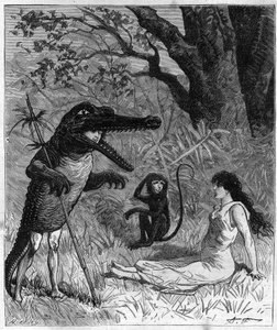 Ein Mann in Krokodilhaut spricht mit einer jungen Frau, die unter dem Blick eines Affen ohnmächtig geworden ist. Illustration von „Reise um die Welt des Seemanns Biribi“ von Theodore Labourieu und Saint Vrin. Gravur von 1880 in „La republique illustree“ von French School