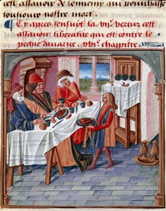 Ein Mann teilt seinen Tisch mit einem Bedürftigen. Miniatur aus „Le livre de bonnes mœurs de Jacques Legrand“ 1490 Chantilly, Musée Condé von French School