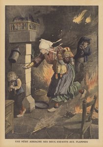 Eine Mutter rettet ihre Kinder vor einem Feuer von French School