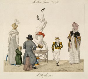 Ein Künstler steht auf dem Kopf und balanciert auf einem Glas, Platte 96 aus Le Bon Genre, ca. 1810 von French School