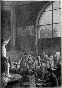 Eine Posesitzung in einem Künstleratelier in Paris. Gravur im illustren Journal „La jeunesse“