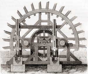 Eine Pulvermühle und ihr Wasserrad, nach einer Zeichnung aus dem 19. Jahrhundert, aus Les Merveilles de la Science, veröffentlicht um 1870 (Gravur)
