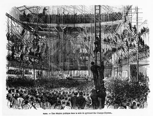 Eine öffentliche Versammlung in der Turnhalle der Champs-Elysées in Paris - in „La Presse illustrée“ Nr. 104, 30.10.1869, Sammlung Selva. von French School