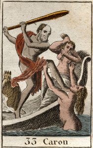 Darstellung von Charon, Fährmann der Unterwelt, er ermöglicht den Verstorbenen, den Fluss Acheron zu überqueren. Aus „Mythologie der Jugend“ von Pierre Blanchard 1803.