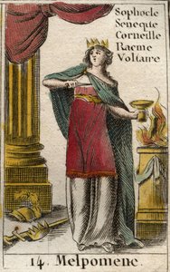 Darstellung von Melpomene, Muse der Tragödie, sie trägt eine Krone, ein Zepter und einen Dolch sowie einen Becher mit Gift. Aus „Mythologie der Jugend“ von Pierre Blanchard 1803 von French School