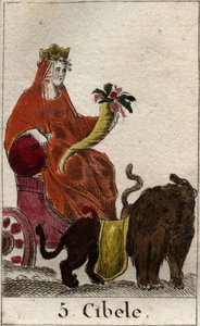 Darstellung der Göttin Kybele (phrygischen Ursprungs), die Mutter Natur personifiziert, sie hält ein Füllhorn in den Händen. Aus „Mythologie der Jugend“ von Pierre Blanchard 1803.