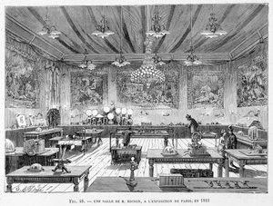 Ein Raum von Herrn Edison auf der Pariser Ausstellung 1881 - in „Die neuen Eroberungen der Wissenschaft“ von Louis Figuier von French School
