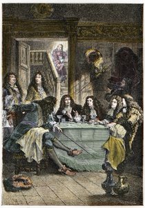 Ein Salon (Kabarett), der die französischen Schriftsteller Jean de La Fontaine, Nicolas Boileau-Despréaux, Dramatiker Jean Baptiste Poquelin genannt Molière und Dichter Jean Racine zusammenbringt