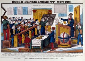Eine Schule der gegenseitigen Erziehung, die um 1815 in Frankreich eingeführt wurde. Stich aus dem 19. Jahrhundert Paris, Musée Carnavalet von French School
