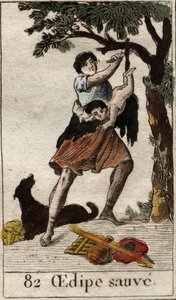 Ein Hirte rettet Ödipus als Kind, das von seinen Eltern wegen des Drängens des Orakels von Delphi ausgesetzt wurde. Aus „Mythologie der Jugend“ von Pierre Blanchard 1803. von French School