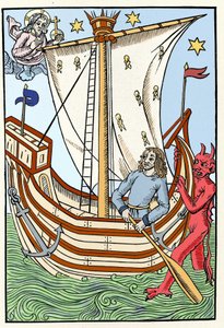 Ein Schiff in den Gefahren des Meeres. Ein Dämon ergriff den Bug, während Gott sich links manifestierte. Gravur aus „Der große Kalender und Kompost der Hirten“, Troyes 1491