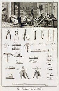 Ein Schuh- und Stiefelmacher und ihre Werkzeuge, aus der Encyclopedie des Sciences et Metiers von Denis Diderot (1713-84) veröffentlicht ca. 1770
