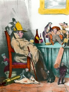 Ein sitzender Hypochonder denkt an seinen nächsten Tod Illustration für das Stück „Der eingebildete Kranke“ von Jean Baptiste Poquelin dit Moliere (1622-1673) 19. Jahrhundert Private Sammlung