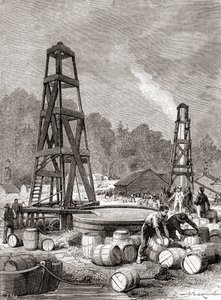 Eine Erdölquelle am Oil Creek am Allegheny River, Pennsylvania, USA im Jahr 1858, entdeckt von Edwin Laurentine Drake, alias Colonel Drake, aus 