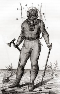 Ein Standard-Tauchanzug, patentiert von Joseph-Martin Cabirol im Jahr 1855, aus 