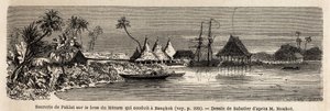 Eine Zuckerfabrik von Paklat am Arm des Menam, Hauptfluss von Thailand. Zeichnung von Sabatier zur Illustration von Henri Mouhots Reise in die Königreiche Siam, Kambodscha und Laos von 1858 bis 1861. Gravur in „Le tour du monde“, herausgegeben von Edouard 