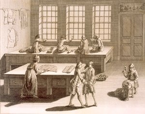 Eine Schneiderwerkstatt, aus der Encyclopedie des Sciences et Metiers von Denis Diderot (1713-84) veröffentlicht ca. 1770 von French School