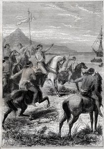 Vizeadmiral John Byron wird 1764 von den Eingeborenen von Kap der Jungfrauen empfangen - Illustration aus „Die großen Seefahrer des 18. Jahrhunderts“ von French School