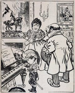 Eine gebrauchte Bronze, Karikatur mit Schlachtschiffen, Noten für Deroulede auf dem Klavier und Statuette von Jeanne d