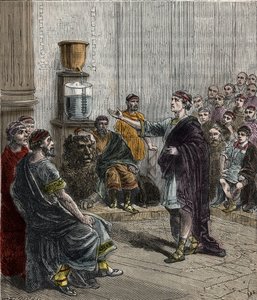 Eine Wasseruhr oder Klepsydra in Athen - Antikes Griechenland - Die Klepsydra in Athen - Gravur in „Wissenschaften für alle - Physik und Chemie populär“ von Alexis Clerc - Ende 19. Jahrhundert - Private Sammlung von French School