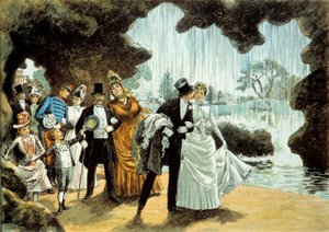 Eine Hochzeit an einem Wasserfall. Ehepaar im Parc des Buttes Chaumont (?). Druck aus dem späten 19. Jahrhundert Privatbesitz von French School