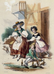 Eine Frau und zwei Kinder spielen Bowling; Illustration für die Schweiz in „Les twelve Nations“ von M.E. Fouinet