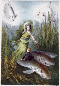 Eine Frau und ein Junge fliehen vor riesigen Fischen auf Haien - in „Reise zum Meeresgrund“ von H. de la Blanchère. Paris, ed. Jouvet et Cie, sd. 1880