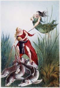 Eine Frau greift eine andere Frau und einen Jungen an, geführt von Delfinen - in "Reise zum Meeresgrund" von H. de la Blanchère. Paris, ed. Jouvet et Cie, sd. 1880. (doppelt 02947)