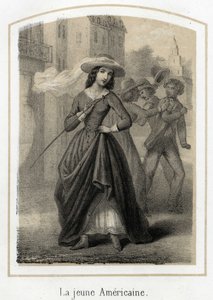 Eine junge Amerikanerin verursacht Kämpfe zwischen ihren Verehrern, anonyme Gravur des 19. Jahrhunderts