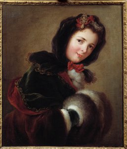 Ein junges Mädchen, gekleidet für den Winter mit Ärmel und Umhang. Gemälde der französischen Schule von French School
