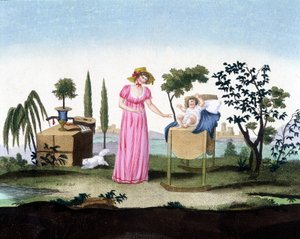 Eine junge Mutter mit ihrem Neugeborenen. Kunstdeko. Um 1810 von French School