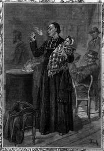 Abbe Marchal fütterte eine Waise, die in einem Krankenhaus in der Region Chaumont aufgenommen wurde. Gravur im berühmten Journal „La jeunesse“ von French School