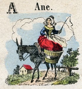 Abecedarium. Buchstabe A wie Esel. Kleines enzyklopädisches Alphabet, populäre Serie. Epinal-Bild, Ende des 19. Jahrhunderts