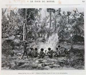 Aborigines unter der Aufsicht eines Siedlers, am Feuer - aus „Tour du Monde“ von French School