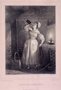 Vertrauensmissbrauch (Hausangestellter trinkt Wein im Keller) (Lithografie) von French School