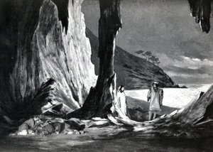 Akt II, Szene 3 von Pelléas et Mélisande von Debussy, aus einem Foto der ersten Aufführung im April 1902 der Oper an der Opéra-Comique in Paris, Illustration in Theatre Magazine, Juni 1902 von French School