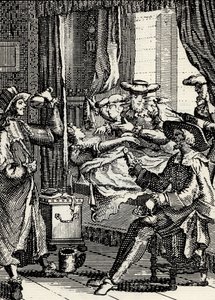 Akt II des Theaterstücks „Die Liebe als Arzt“ von Molière (1665): Lucinde, die Tochter von Sganarelle, untersucht von 4 inkompetenten Ärzten, Gravur